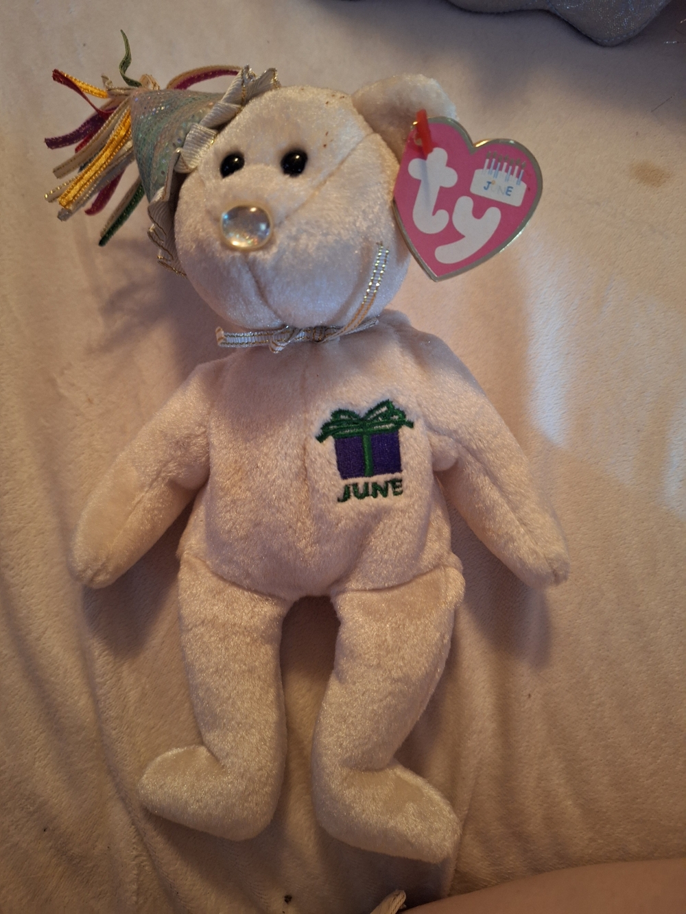 Ty Beanie Babies "June" Plush Bear - Pink with Purple Gift Embroidery 2002